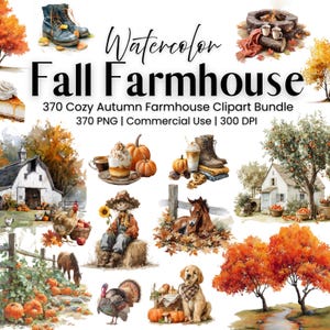 Watercolor Fall Farmhouse Clipart Bundle PNG, Cozy Autumn Rustic Farm Illustrations, Fall Harvest Seasonal Graphics, 300 DPI Commercial Use