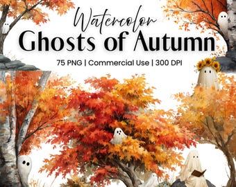 Halloween Watercolor Ghost Clipart PNG Bundle, Autumn Watercolor Ghosts PNG, Fall Forest Clipart, Ghost Sublimination 300 DPI Commercial Use