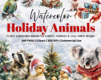 Holiday Animals Clipart Bundle - 285 PNG 300 DPI Watercolor Christmas Animal Images with Commercial Use License, Winter Clipart Pintables