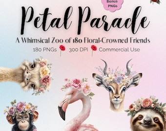Cute Animals With Floral Crowns Clipart PNG Bundle, Whimsical Clipart For Stickers Sublimation Crafts, Digital Download, Commercial Use