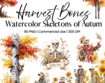 Watercolor Autumn Skeleton Clipart PNG Bundle, 90 Halloween Fall Skeleton Watercolor Clipart, Cute Skeletons With Sunflowers and Fall Trees