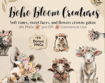 Boho Animals, Floral Crown Animal PNGs, Whimsical Clipart Bundle For Stickers Sublimation Nursery Decor, Digital Download, Commercial Use