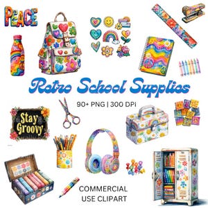 Groovy Schulbedarf Clipart Retro PNGs Zurück in die Schule Vibes, Retro Schulbedarf Clipart Bundle 300 DPI Digitaler Download Kommerzielle Nutzung
