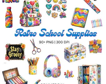Groovy schoolbenodigdheden clipart retro pngs back to school vibes, retro schoolbenodigdheden clipart bundel 300 dpi digitale download commercieel gebruik