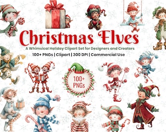 Holiday Elves - 100+ Watercolor Christmas Elves Clipart PNG Bundle, Cute Holiday Elf Illustrations, Holiday Clipart for Classrooms