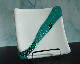 Handmade Fused Glass Plate: White & Turquoise Dichroic Art Glass