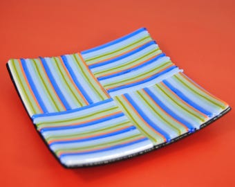 Handmade Fused Glass Dish, Colorful Striped Trinket Plate