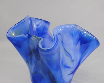 Handmade Fused Glass Vase, Blue Art Glass Candle Holder