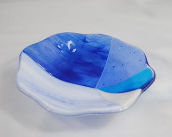 Handmade Fused Glass Bowl: Blue Art Glass Trinket Dish