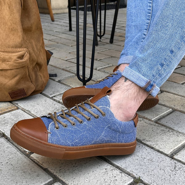 Handmade Genuine Leather Men's Sneakers - Men's Casual Shoes -Blue Sneakers - Stylish Men's Sneakers