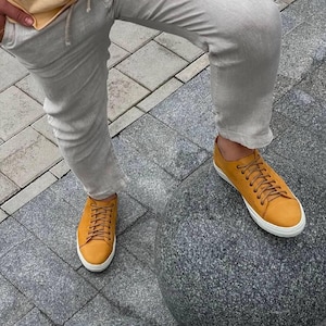 Men's summer leather sneakers, Men's leather sneakers with perforations, Men's casual sneakers made of genuine leather, sand color