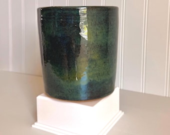 Tarro de cerámica artesanal para utensilios / Esmalte azul verdoso Aurora Boreal