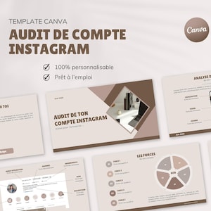 Può includere: Un modello Canva per un audit dell'account Instagram. Il design presenta una palette di colori neutri con testo in francese. Il modello include diapositive con titoli come "Audit de ton compte Instagram" e "Analyse du dernier post".
