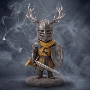 May include: A figurine of a knight in silver armour, a helmet with antlers, and a yellow tunic with a black stag emblem. The knight holds a sword and shield, standing on a stone base. The background has a smoky, dark blue effect.