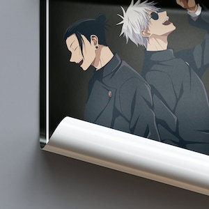 May include: Two anime characters, one with white hair and sunglasses, the other with black hair, wearing black jackets and standing side by side.