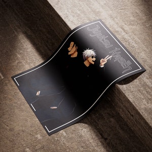 May include: Black and white illustration of two anime characters with the text "Jujutsu Kaisen" in white on a black background.