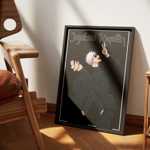 May include: A black and white poster with two anime characters in black clothing. The text "JUJUTSU KAISEN" is in white on a black background.