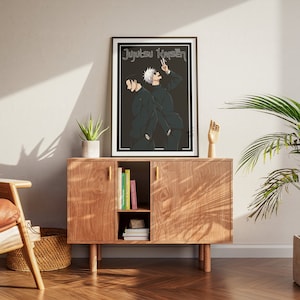 May include: A black and white poster with two anime characters from the show "Jujutsu Kaisen". The characters are standing back to back, with one character holding up a peace sign.