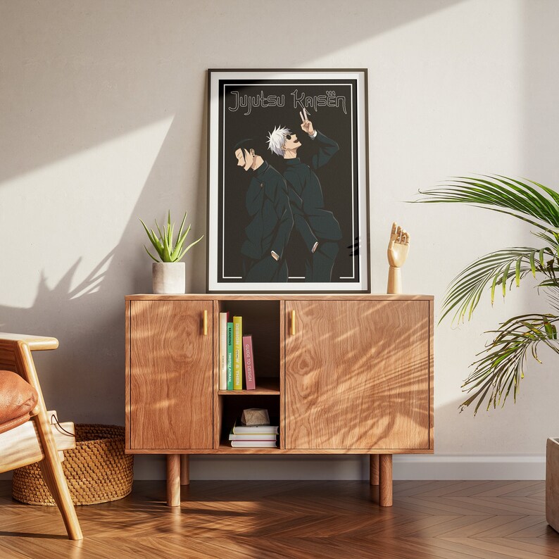 May include: A black and white poster with two anime characters from the show "Jujutsu Kaisen". The characters are standing back to back, with one character holding up a peace sign.