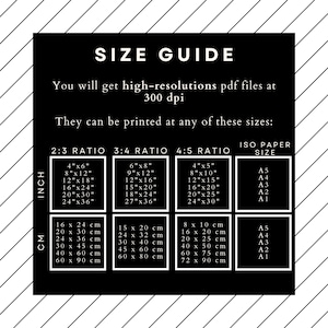 May include: A black and white chart with a size guide for printable files. The chart shows different sizes in inches and centimeters for 2:3, 3:4, and 4:5 ratios. It also includes standard ISO paper sizes: A5, A4, A3, A2, and A1.