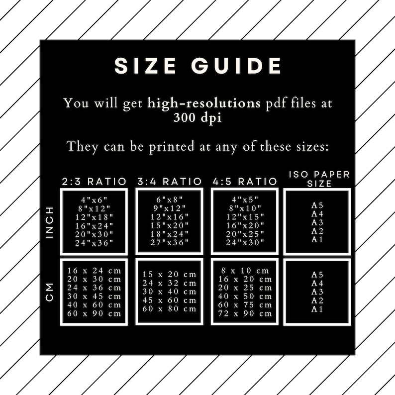 May include: A black and white chart with a size guide for printable files. The chart shows different sizes in inches and centimeters for 2:3, 3:4, and 4:5 ratios. It also includes standard ISO paper sizes: A5, A4, A3, A2, and A1.