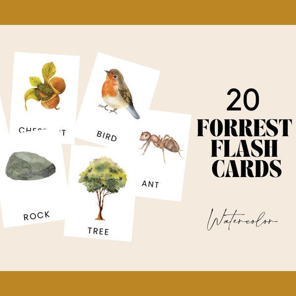Enchanting watercolor forest flash cards printable - Educational A5 size for homeschooling and play"