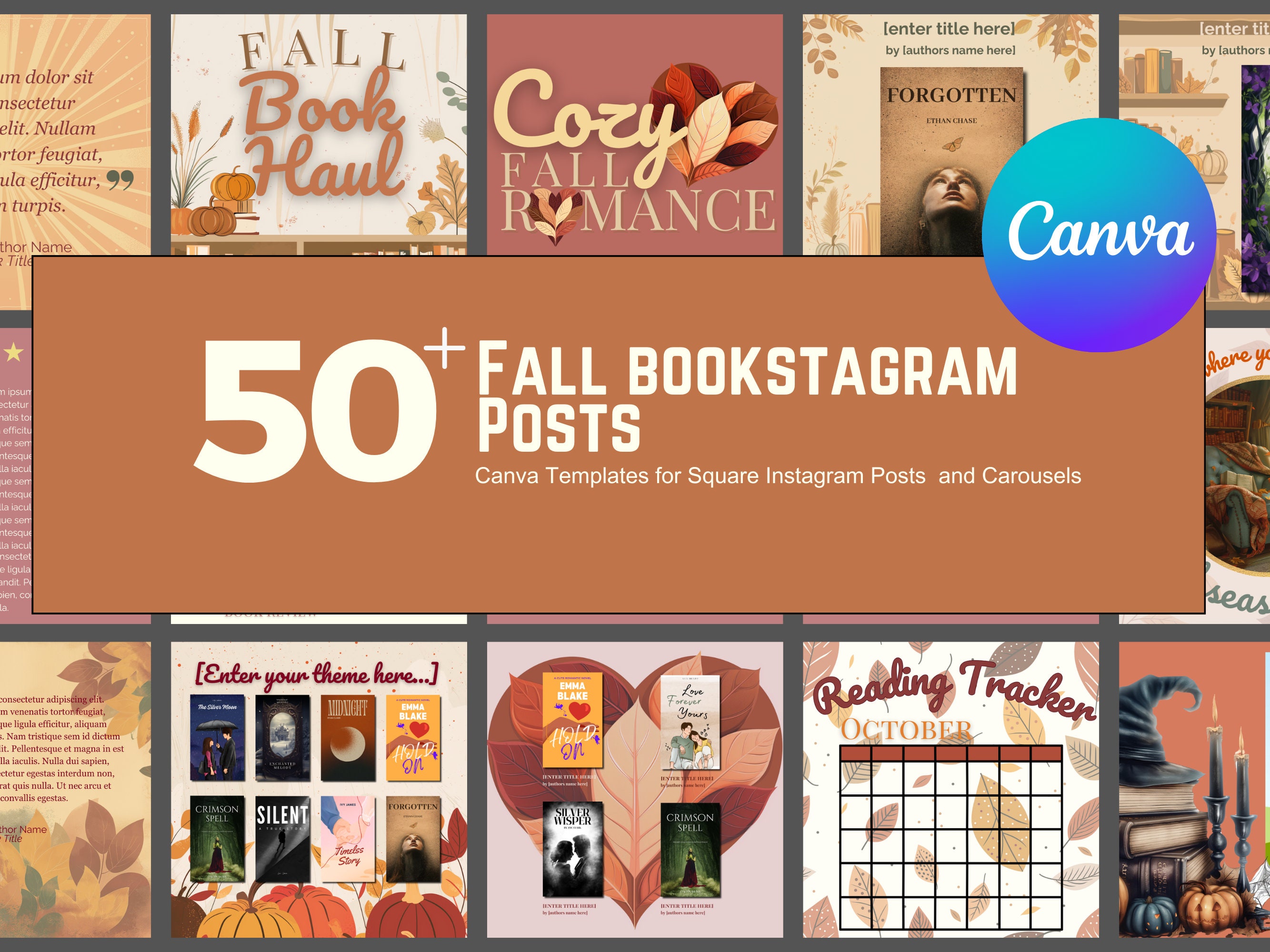 Fall Bookstagram Post Bundle | Canva Template for 50 Bookish In-Feed Instagram Posts | Bookish Social Media for Bloggers and Authors