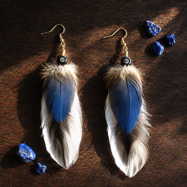 Handmade Blue Boho Feather Earrings