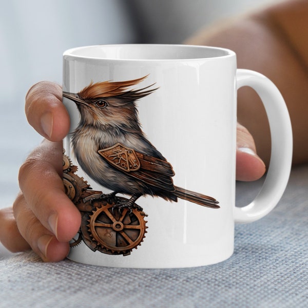 Steampunk Bird Coffee Mug, Mechanical Bird with Clockwork Design, Unique Art Print Mug, Gift for Engineers