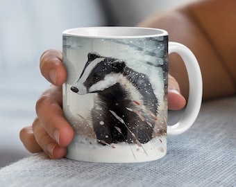 Winter Badger Mug, Snowy Forest Animal Coffee Cup, Watercolor Wildlife Art, Unique Nature Lover Gift
