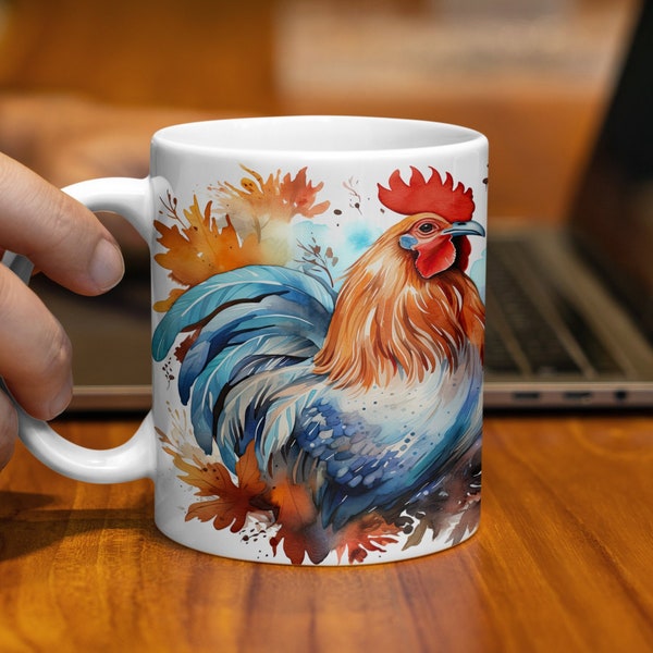 Colorful Rooster Watercolor Art Mug, Fall Leaves Coffee Cup, Farmhouse Kitchen Decor, Animal Lover Gift, Unique Bird Artwork