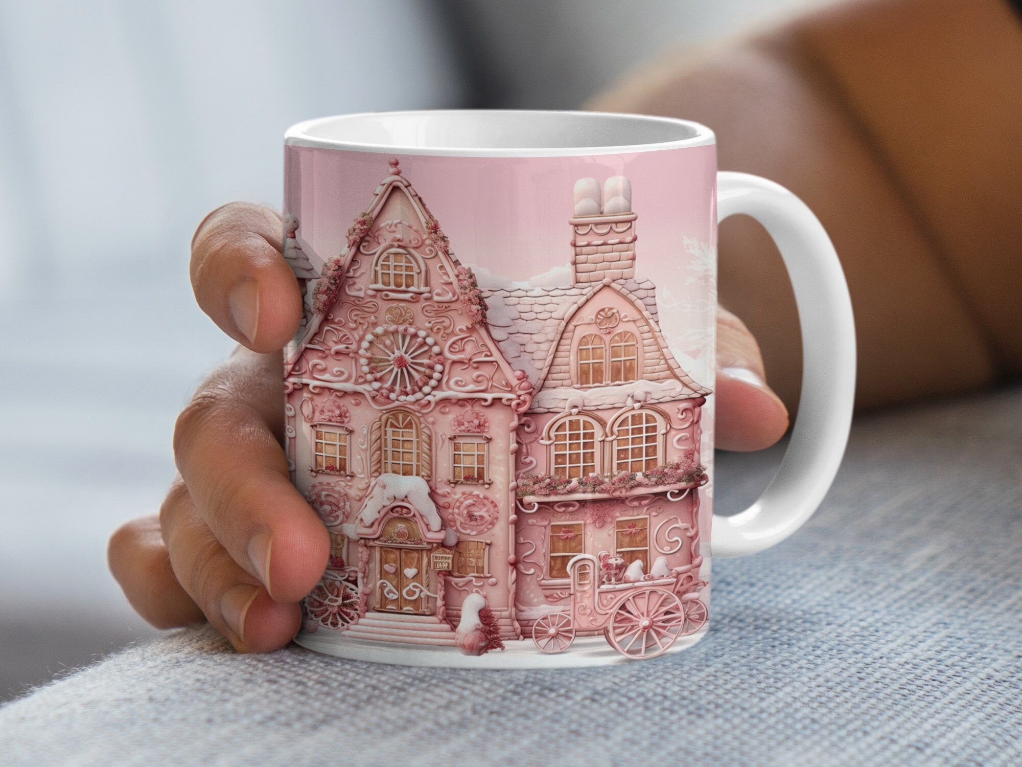 Gingerbread House Themed Mug, Cottage Style Coffee Cup, Pink Winter