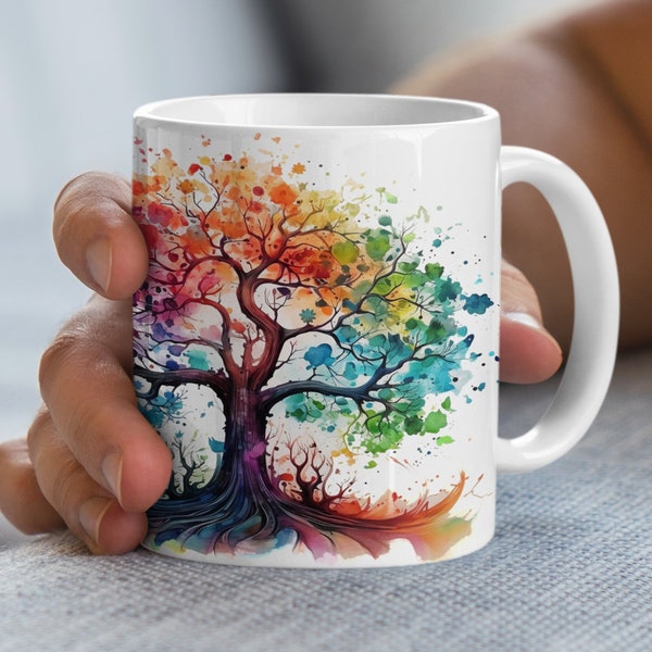 Colorful Watercolor Tree Design Mug, Artistic Nature Inspired Coffee Cup, Vibrant Desk Decor