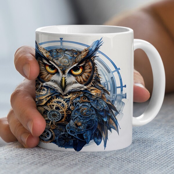 Steampunk Owl Mug, Mechanical Bird Art Coffee Cup, Unique Gear Design Owl Illustration, Cool Gift for Owl Lovers