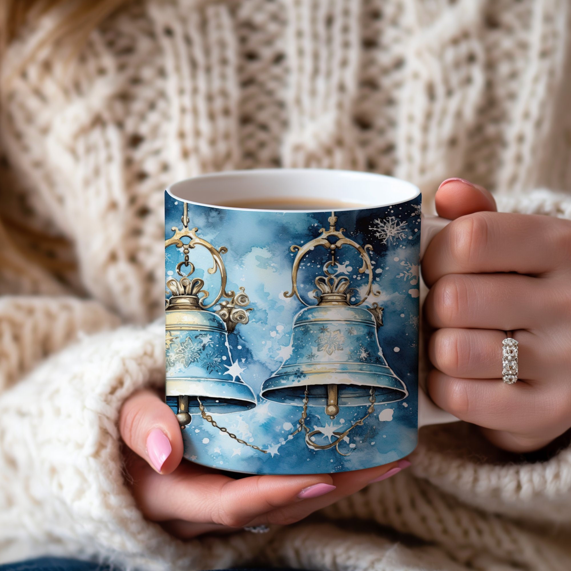 Vintage Christmas Bells Mug, Winter Wonderland Bell Art, Festive