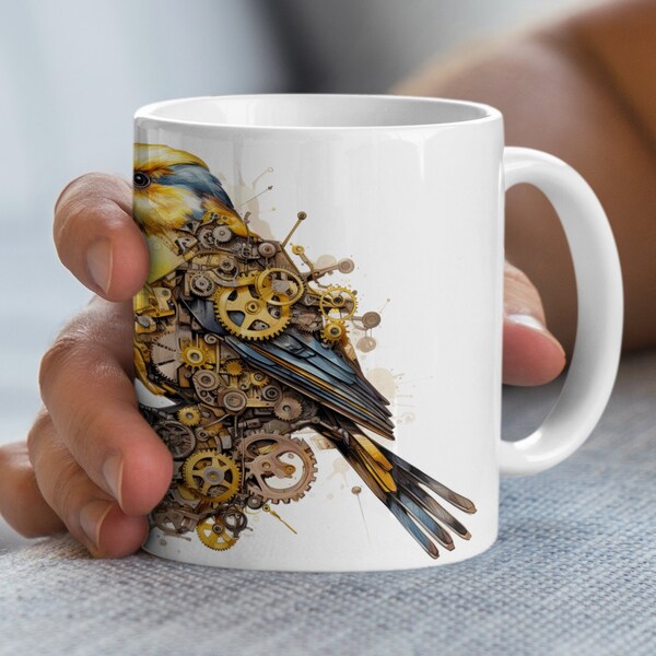 Steampunk Bird Mug, Unique Mechanical Gear Bluebird Art, Coffee Lover Gift, Fantasy Kitchen Decor, Double-Sided Print