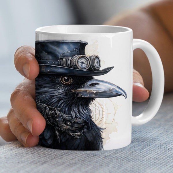 Steampunk Raven Coffee Mug, Vintage Style Mechanical Bird, Unique Gothic Home Decor, Artistic Tea Cup Gift