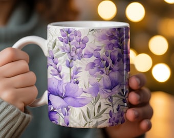 Purple Floral Mug, Elegant Lavender Flower Coffee Cup, Botanical Tea Mug, Mother's Day Gift, Feminine Office Decor