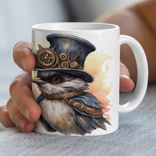 Steampunk Bird Mug, Chicory Bird in a Top Hat, Unique Fantasy Bird Art Coffee Cup, Gift for Bird Lovers