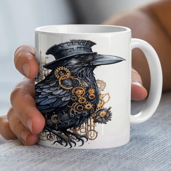 Steampunk Raven Coffee Mug, Mechanical Bird Art, Unique Gothic Home Decor, 11 oz Ceramic Mug
