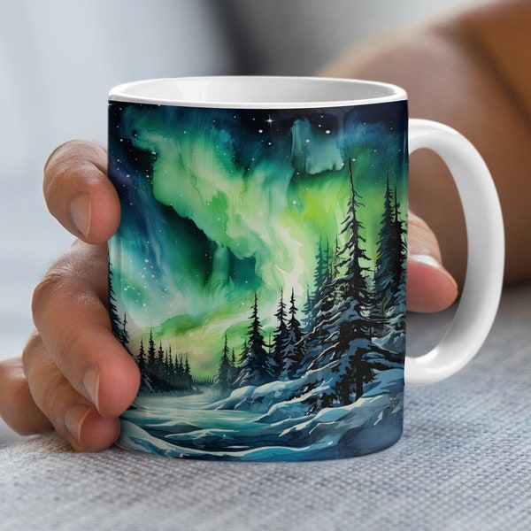 Mystical Northern Lights Winter Landscape Mug, Nature Art Coffee Cup, Unique Christmas Gift Idea