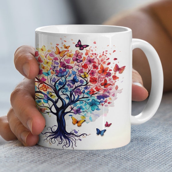 Colorful Watercolor Tree and Butterflies Art Mug, Vibrant Nature Inspired Coffee Cup, Unique Gift