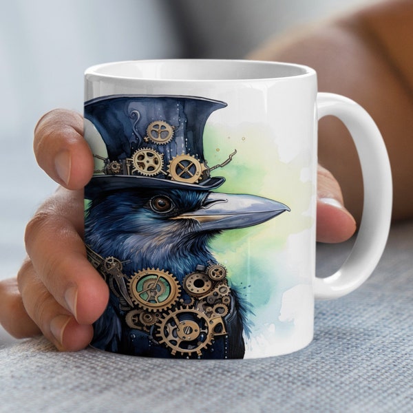 Steampunk Raven with Top Hat and Gears Artistic Mug, Vintage Bird Illustration Coffee Cup