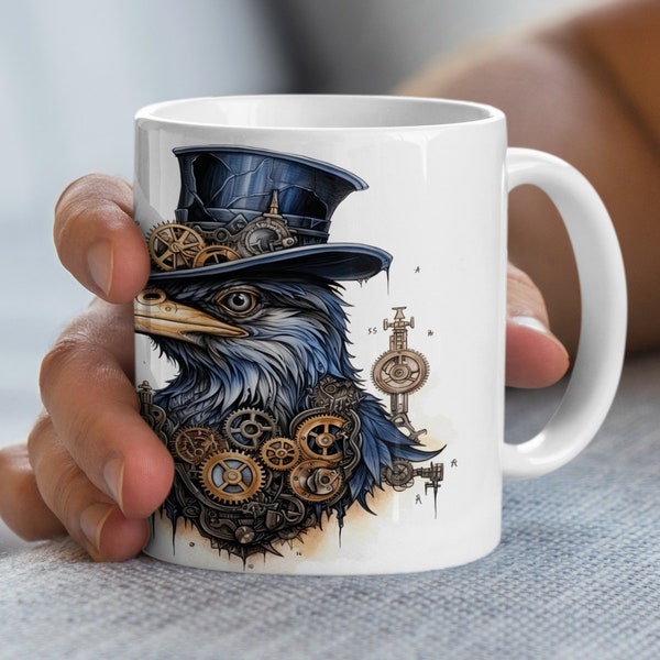 Steampunk Raven Coffee Mug, Victorian Style Mechanical Bird, Unique Gothic Home Decor, Artist Designed Fantasy Artwork Cup