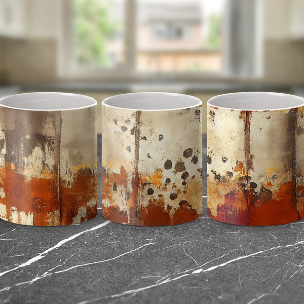 Rustic Industrial Art Coffee Mug, Abstract Aged Metal Print, Unique Designer Drinkware, Urban Loft Decor Accessory