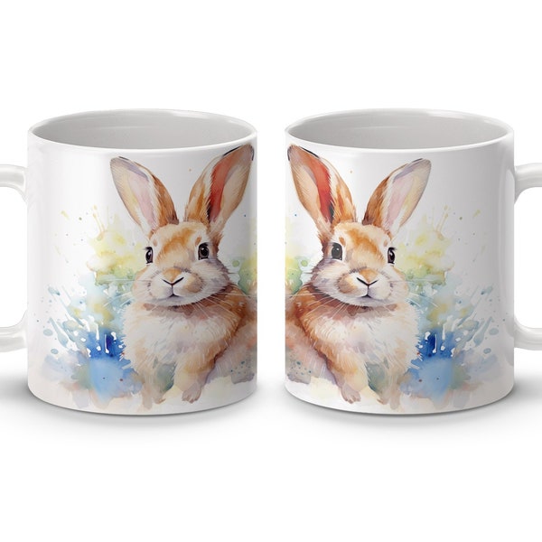 Whimsical Watercolor Rabbit Mug, Spring Bunny Floral Art Coffee Cup, Unique Easter Gift Idea, Colorful Animal Illustration Mug