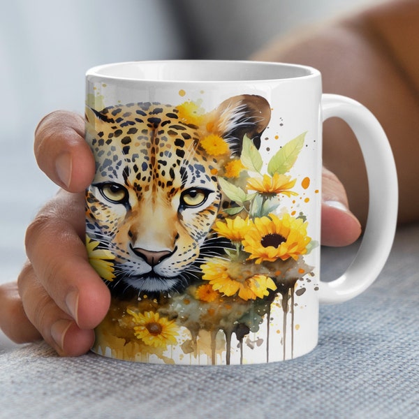 Leopard Print Coffee Mug, Watercolor Jungle Animal, Floral Decor, Large Capacity Ceramic Cup, Unique Wildlife Gift Idea