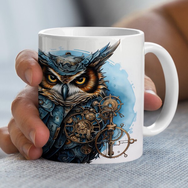 Steampunk Owl Mug, Unique Mechanical Owl Art Coffee Cup, Blue Owl Gear Design, Cool Gift Idea