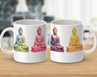 Colorful Buddha Mug, Zen Meditation Coffee Cup, Spiritual Decor, Rainbow Buddhist Art, Unique Mindfulness Gift, Yoga Teacher Present
