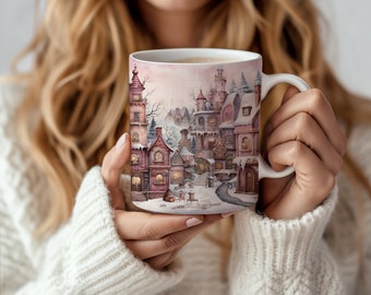 Whimsical Winter Village Mug, Fantasy Christmas Scene Mug, Cozy Snowy Town Art, Winter Wonderland Coffee Cup, Holiday Gift Mug